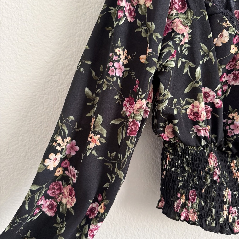 1X XL Floral Boho Off the Shoulder Top Blouse Puff Sleeve Peasant Lace Trim - Picture 8 of 15